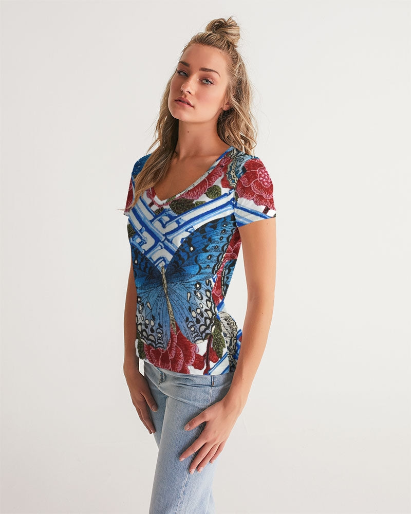 Butterflies and Roses Women's V-Neck Tee
