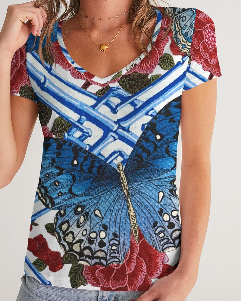 Butterflies and Roses Women's V-Neck Tee