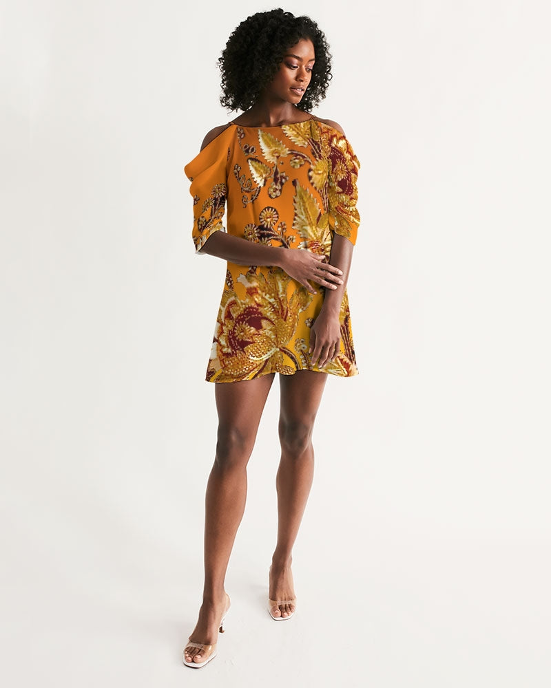 Persian Print Women's Open Shoulder A-Line Dress