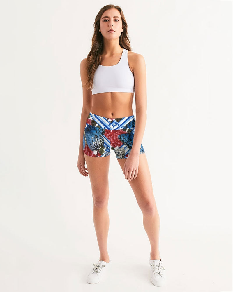 Butterflies and Roses Women's Mid-Rise Yoga Shorts