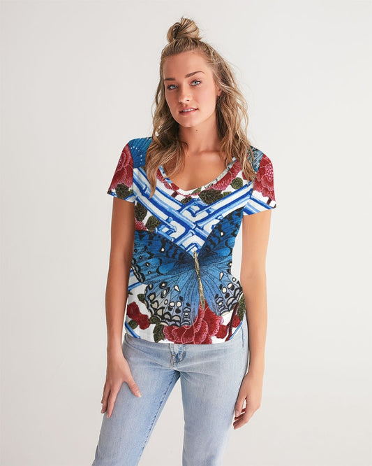 Butterflies and Roses Women's V-Neck Tee