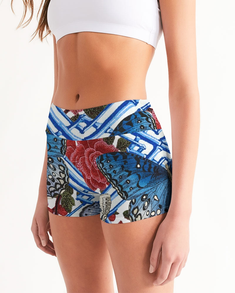 Butterflies and Roses Women's Mid-Rise Yoga Shorts