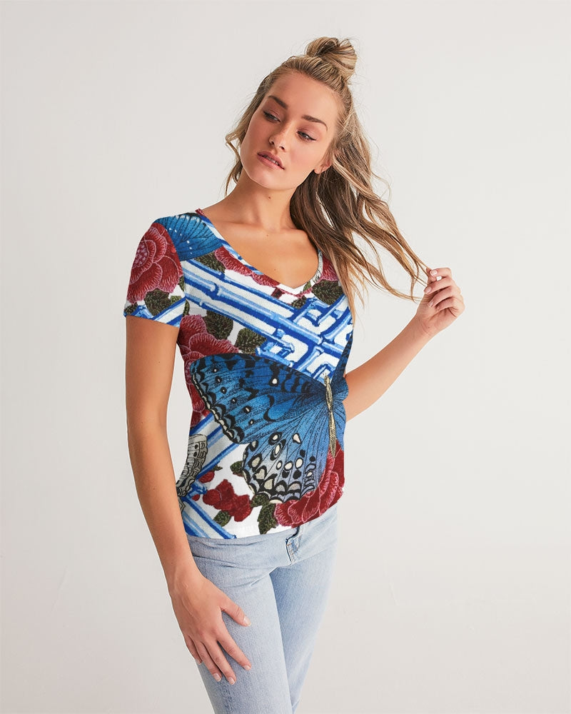 Butterflies and Roses Women's V-Neck Tee
