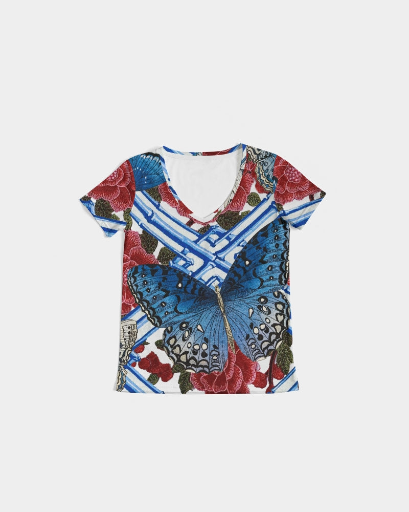 Butterflies and Roses Women's V-Neck Tee